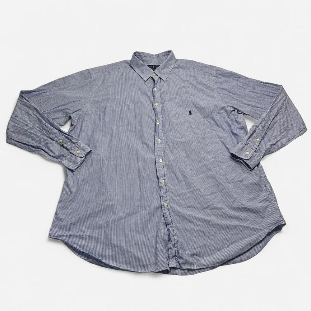 Ralph Lauren Blue White Striped Button Down Shirt XXL 100% Cotton Stretch